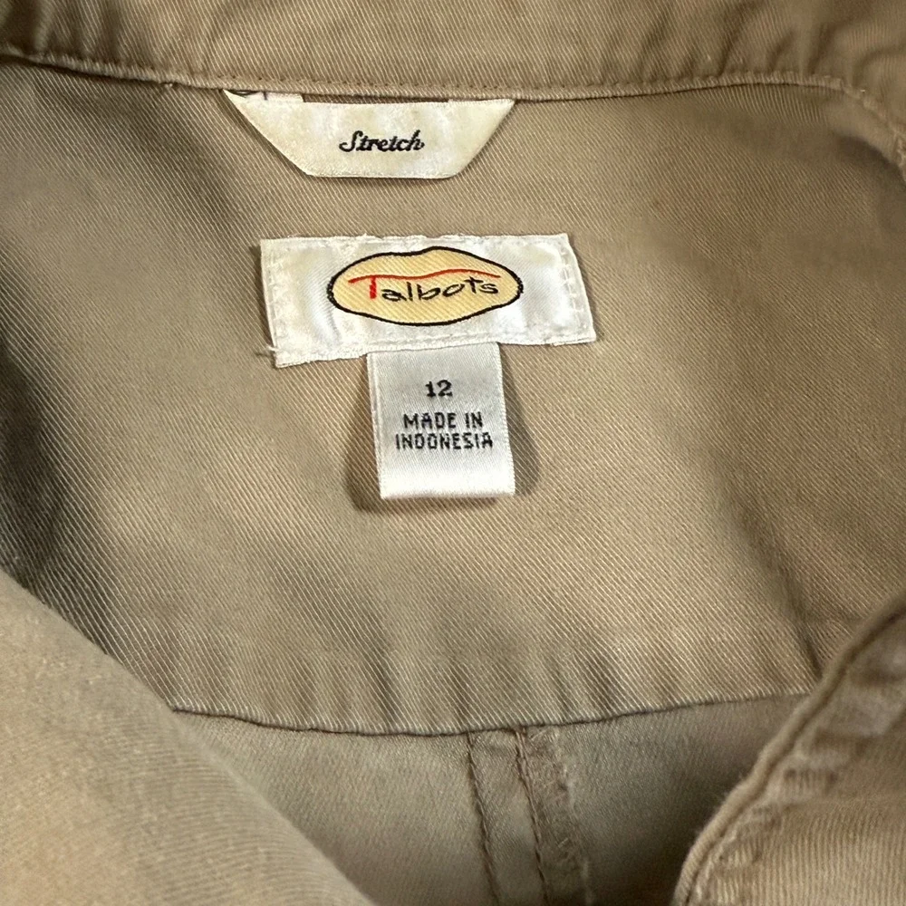 Talbots Stretch Utility‎ Jacket Khaki Beige Cotton Twill Cargo Coat Women's 12